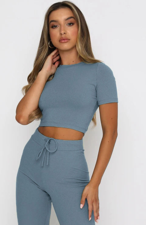 Casual Solid Color High-Elastic Body Shaping Short-Sleeve Sunken Stripe Wide Leg Pants Two-Piece Set