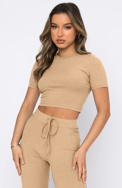 Casual Solid Color High-Elastic Body Shaping Short-Sleeve Sunken Stripe Wide Leg Pants Two-Piece Set