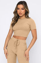 Casual Solid Color High-Elastic Body Shaping Short-Sleeve Sunken Stripe Wide Leg Pants Two-Piece Set
