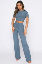 Casual Solid Color High-Elastic Body Shaping Short-Sleeve Sunken Stripe Wide Leg Pants Two-Piece Set