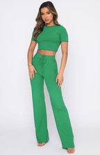 Casual Solid Color High-Elastic Body Shaping Short-Sleeve Sunken Stripe Wide Leg Pants Two-Piece Set