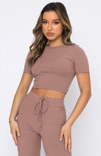Casual Solid Color High-Elastic Body Shaping Short-Sleeve Sunken Stripe Wide Leg Pants Two-Piece Set
