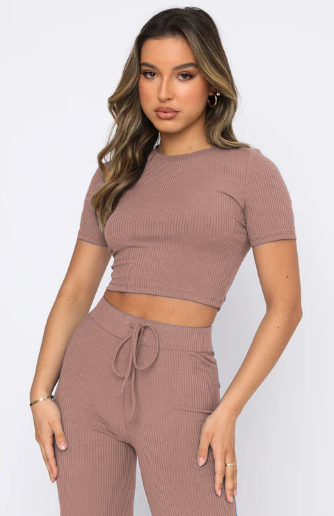 Casual Solid Color High-Elastic Body Shaping Short-Sleeve Sunken Stripe Wide Leg Pants Two-Piece Set