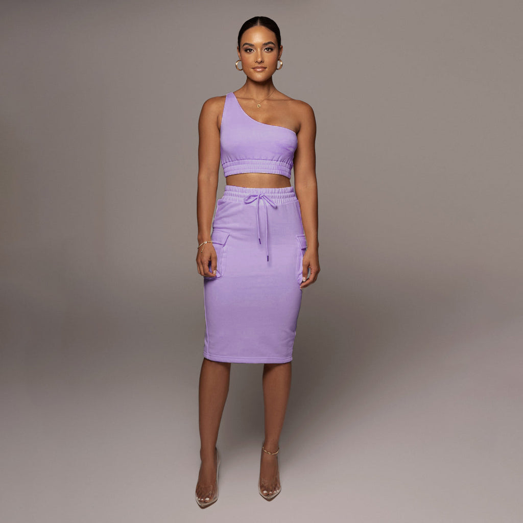 Women's Summer Solid Color One-Shoulder Vest and Skirt Two-Piece Set