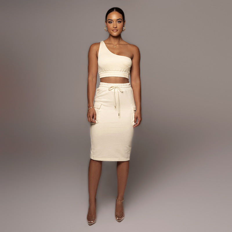 Women's Summer Solid Color One-Shoulder Vest and Skirt Two-Piece Set