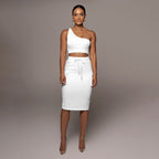 Women's Summer Solid Color One-Shoulder Vest and Skirt Two-Piece Set