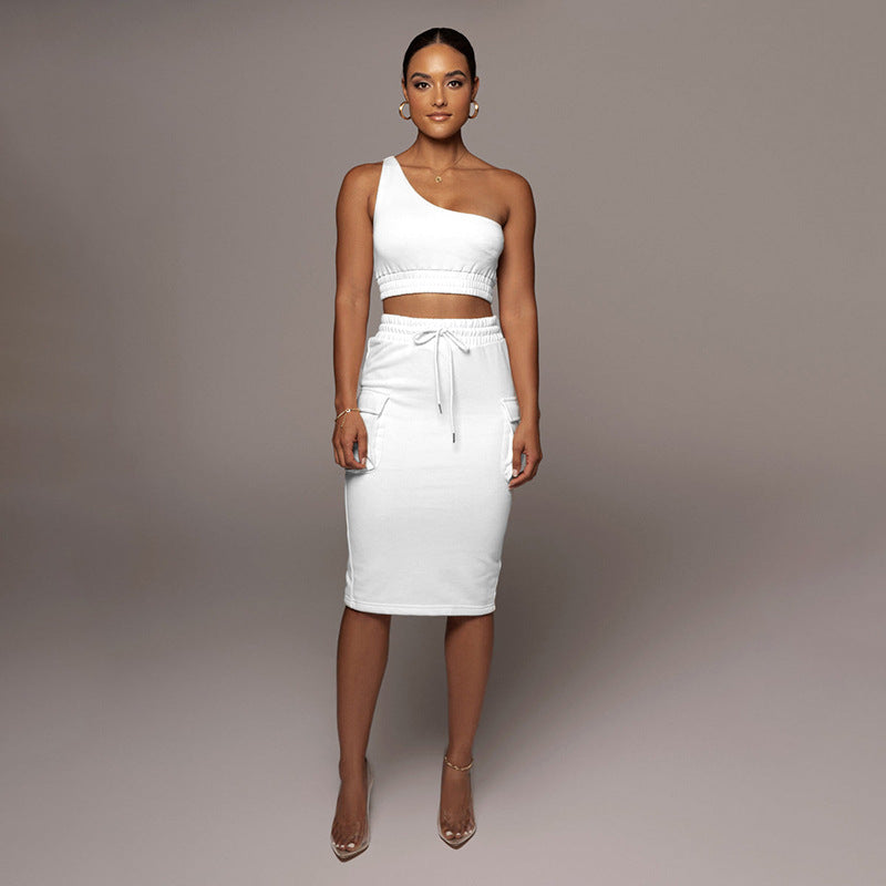 Women's Summer Solid Color One-Shoulder Vest and Skirt Two-Piece Set