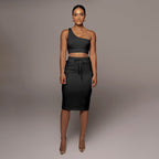 Women's Summer Solid Color One-Shoulder Vest and Skirt Two-Piece Set