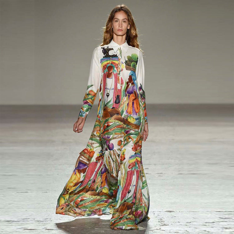Bohemian Retro Travel Vacation Long Sleeve Maxi Dress