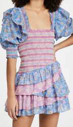 Women's Early Spring Women Clothing Square Collar Ruffled Design Printed Dress For Women Smocked Patchwork Macthing