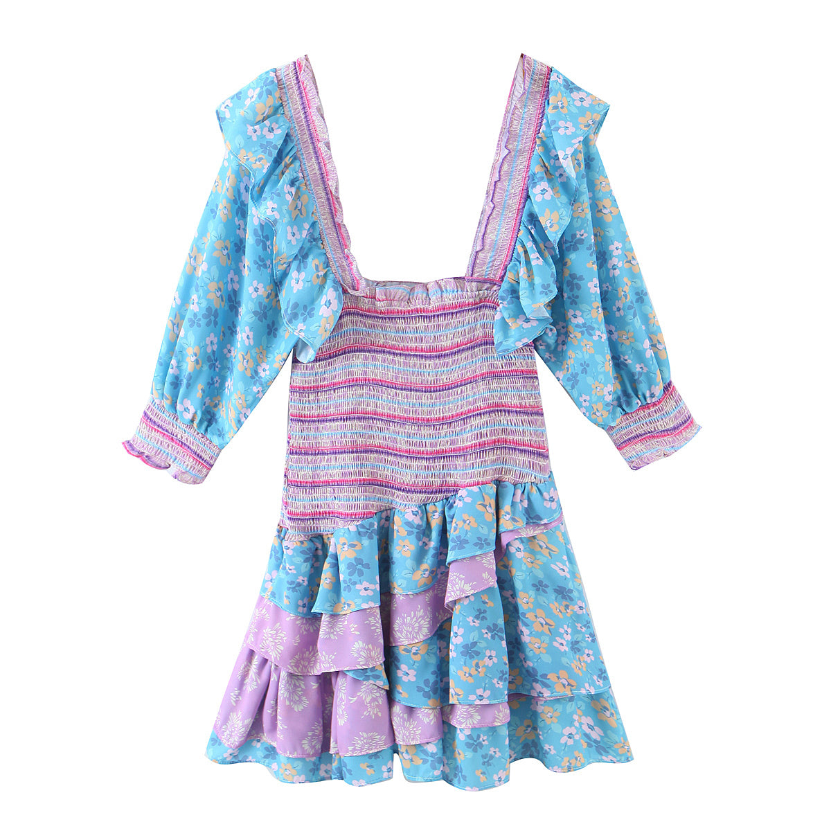 Women's Early Spring Women Clothing Square Collar Ruffled Design Printed Dress For Women Smocked Patchwork Macthing