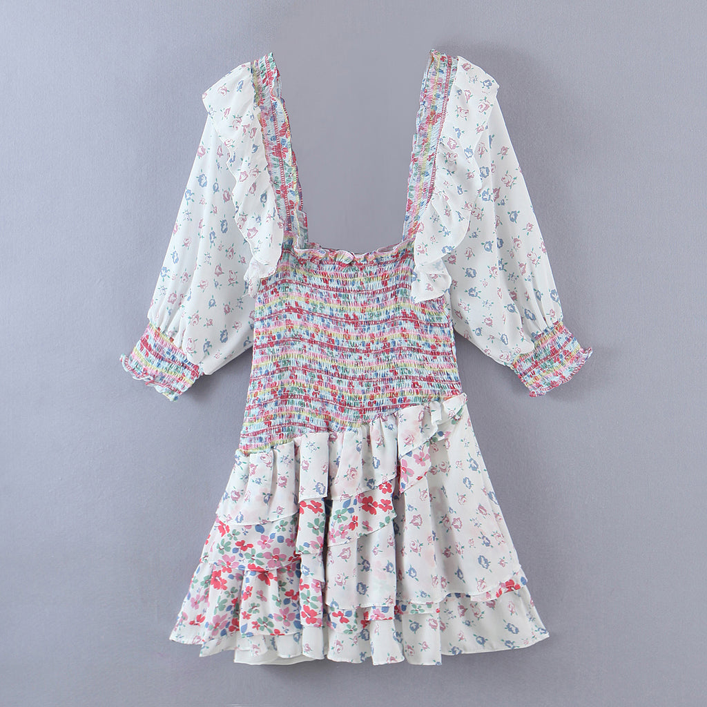 Women's Early Spring Women Clothing Square Collar Ruffled Design Printed Dress For Women Smocked Patchwork Macthing