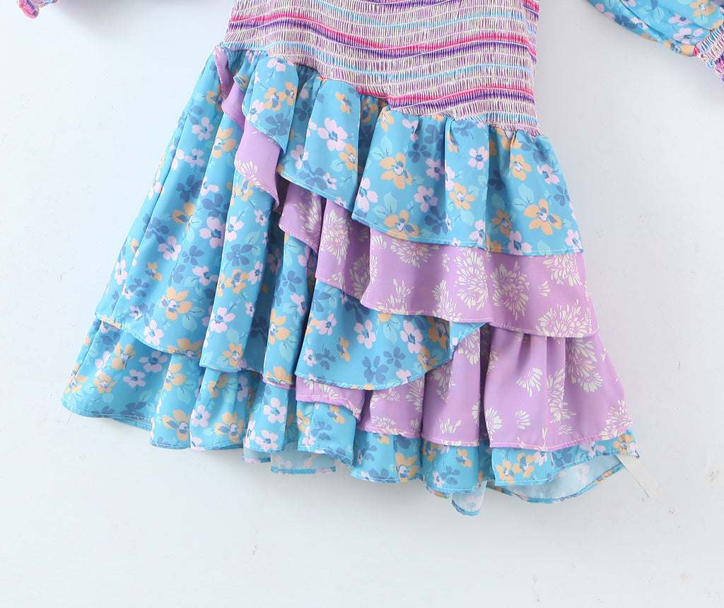 Women's Early Spring Women Clothing Square Collar Ruffled Design Printed Dress For Women Smocked Patchwork Macthing