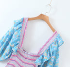 Women's Early Spring Women Clothing Square Collar Ruffled Design Printed Dress For Women Smocked Patchwork Macthing