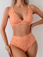 Women's Orange Ditsy-Floral High-Waist Bikini Set