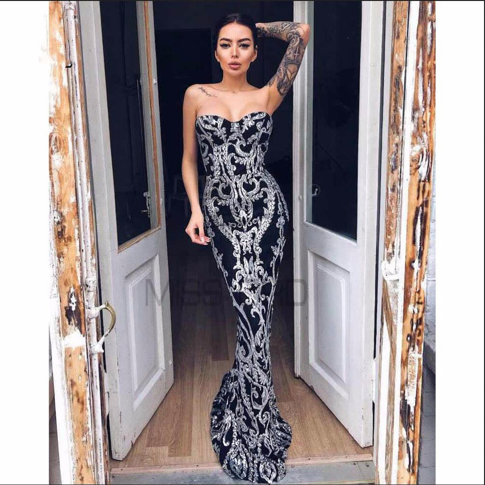 Women's Bandeau One-Shoulder Vintage Sequined Evening Elegant Dress