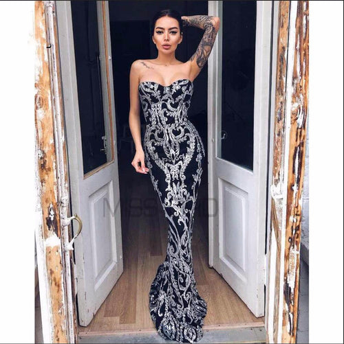 Women's Bandeau One-Shoulder Vintage Sequined Evening Elegant Dress