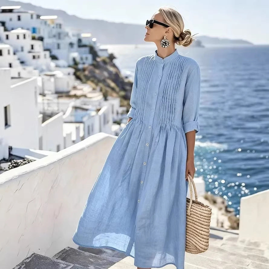 Light blue cotton-linen shirt dress