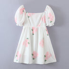 Pink Peony Printed Square-Neck Puff Sleeve Princess Dress