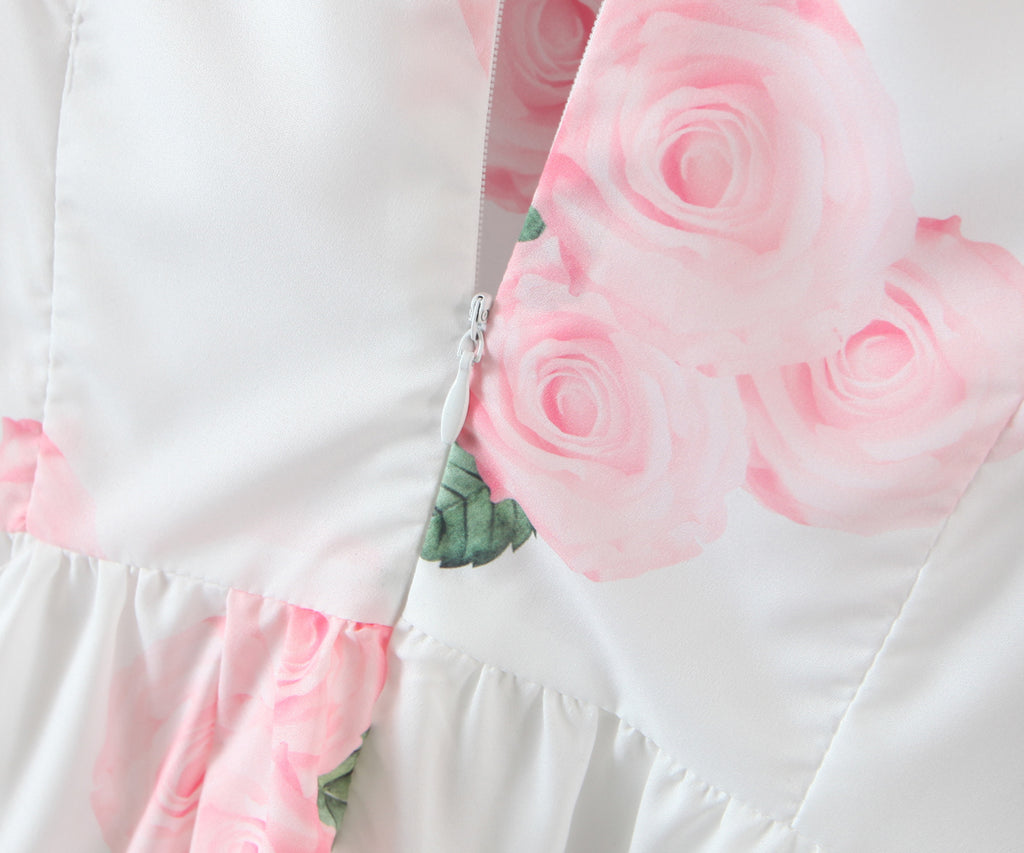 Pink Peony Printed Square-Neck Puff Sleeve Princess Dress