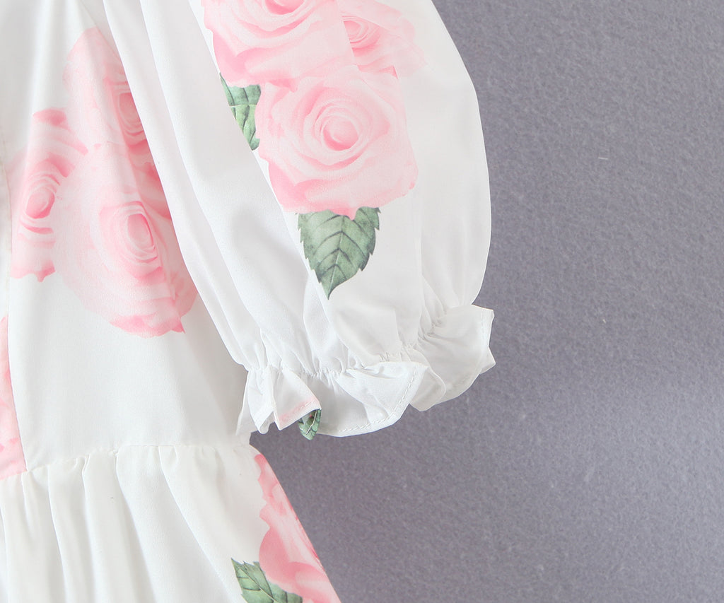 Pink Peony Printed Square-Neck Puff Sleeve Princess Dress