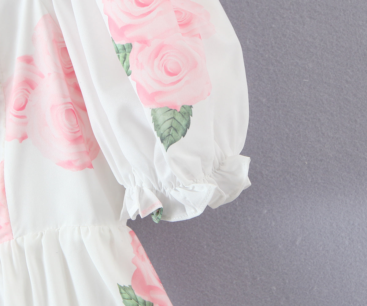 Pink Peony Printed Square-Neck Puff Sleeve Princess Dress