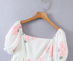 Pink Peony Printed Square-Neck Puff Sleeve Princess Dress