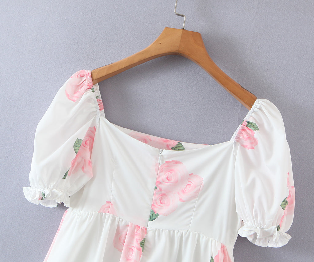 Pink Peony Printed Square-Neck Puff Sleeve Princess Dress
