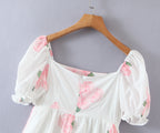 Pink Peony Printed Square-Neck Puff Sleeve Princess Dress