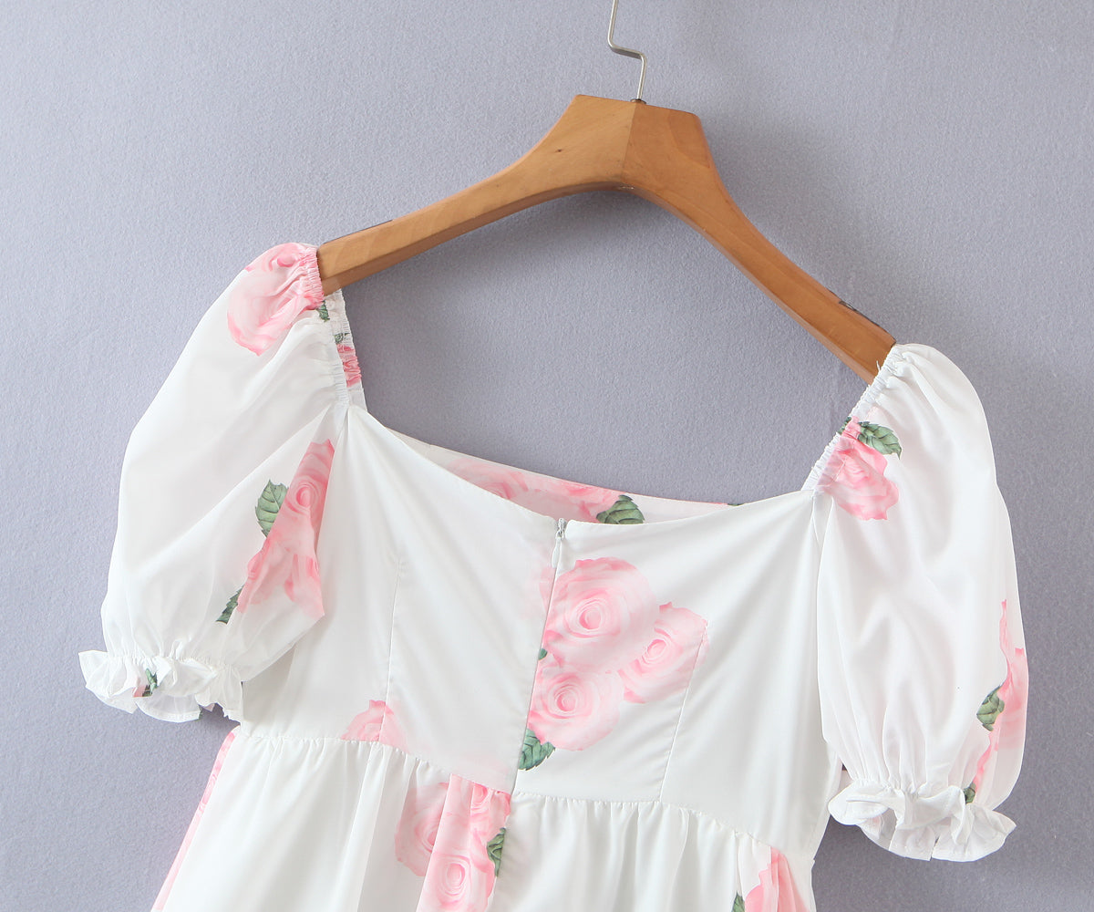 Pink Peony Printed Square-Neck Puff Sleeve Princess Dress