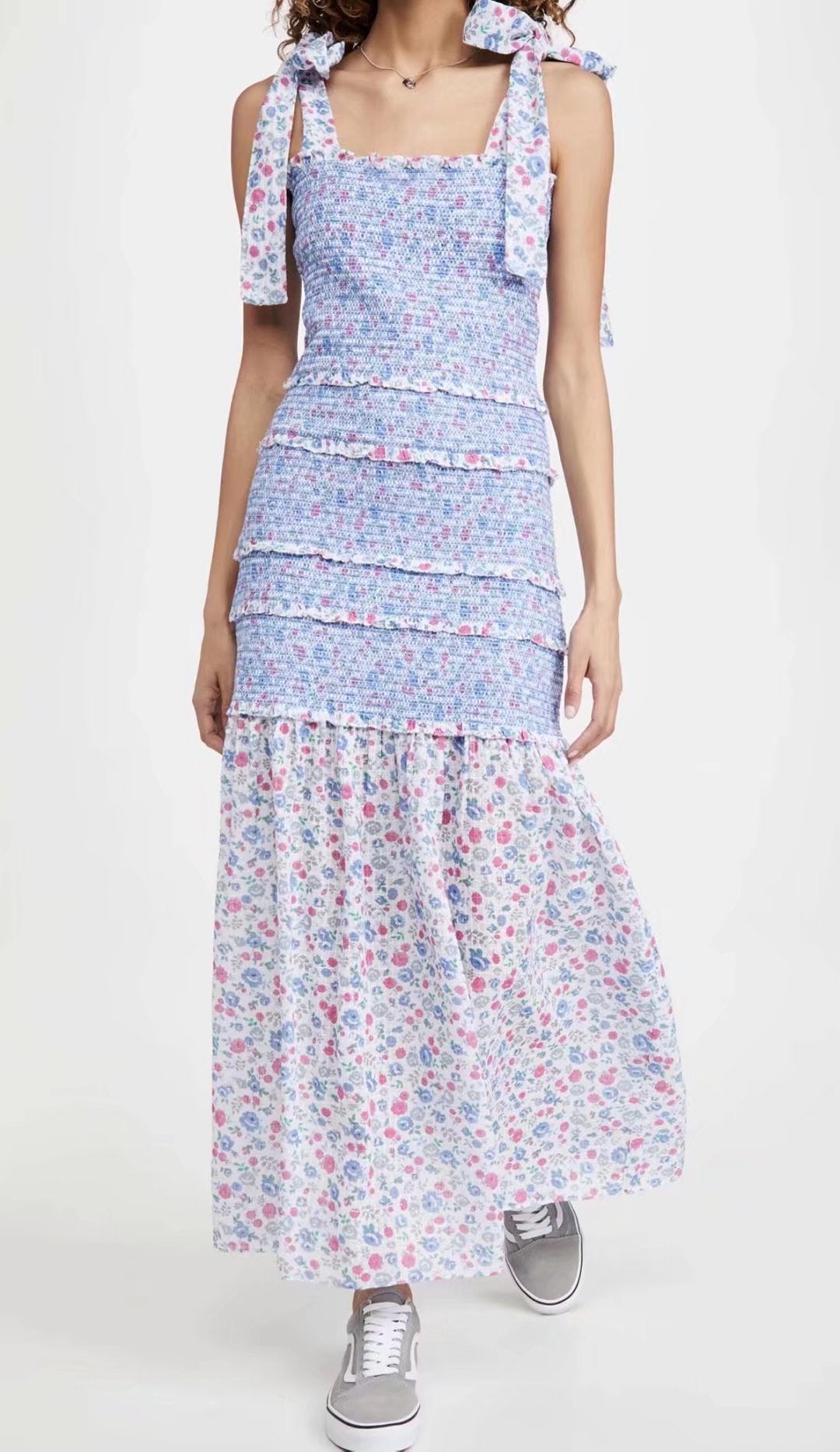 Women's Strap Dress Floral Lace Bow Strap Tie Strap Tie Strap Smocked Patchwork Macthing