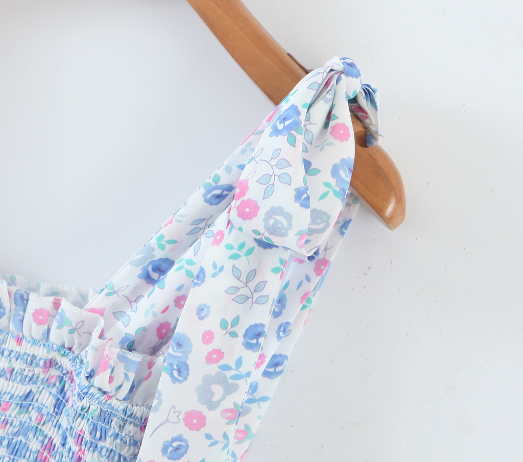 Women's Strap Dress Floral Lace Bow Strap Tie Strap Tie Strap Smocked Patchwork Macthing