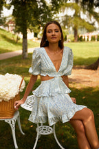 Women's V-Neck Floral Cutout Short-Sleeve Mini Dress