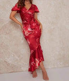 Summer Women Clothing Floral Printed V-neck Short Sleeve Silk Satin Texture Ruffled Hem Belt Waist Dress