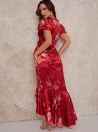 Summer Women Clothing Floral Printed V-neck Short Sleeve Silk Satin Texture Ruffled Hem Belt Waist Dress