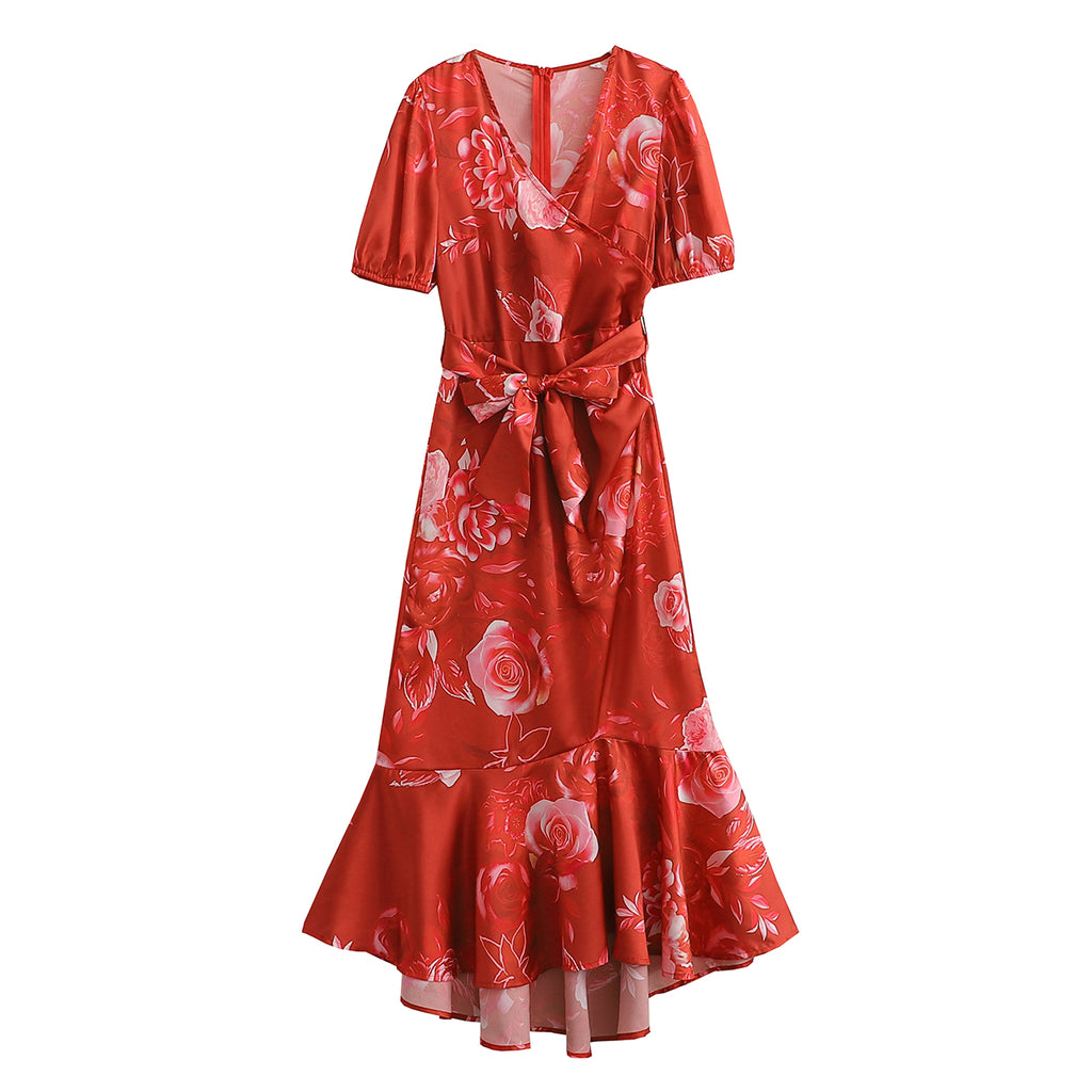Summer Women Clothing Floral Printed V-neck Short Sleeve Silk Satin Texture Ruffled Hem Belt Waist Dress