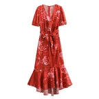 Summer Women Clothing Floral Printed V-neck Short Sleeve Silk Satin Texture Ruffled Hem Belt Waist Dress