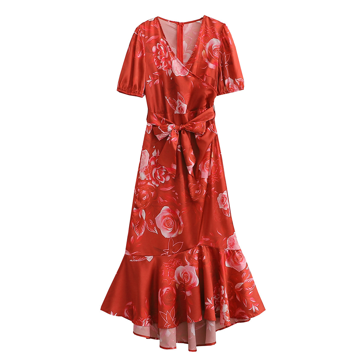 Summer Women Clothing Floral Printed V-neck Short Sleeve Silk Satin Texture Ruffled Hem Belt Waist Dress