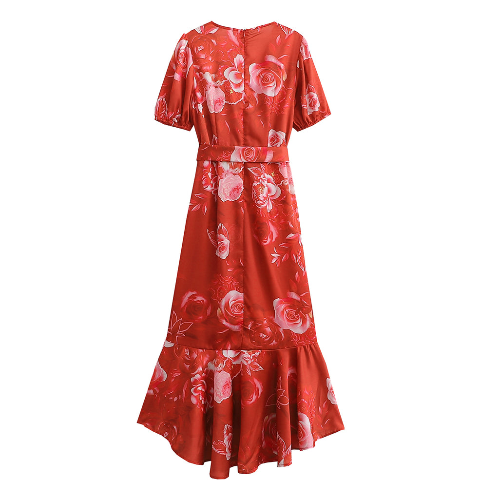 Summer Women Clothing Floral Printed V-neck Short Sleeve Silk Satin Texture Ruffled Hem Belt Waist Dress