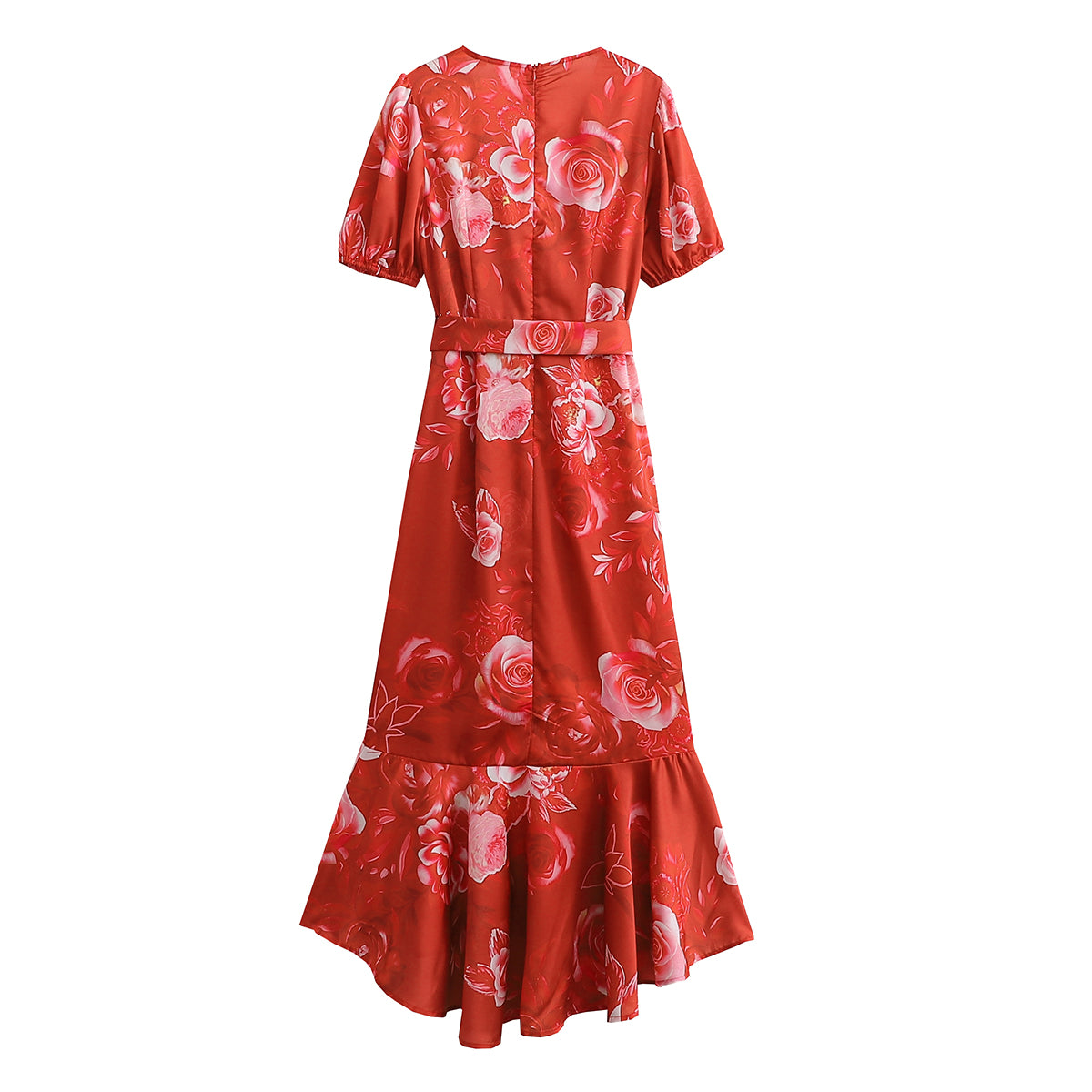 Summer Women Clothing Floral Printed V-neck Short Sleeve Silk Satin Texture Ruffled Hem Belt Waist Dress