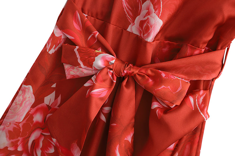 Summer Women Clothing Floral Printed V-neck Short Sleeve Silk Satin Texture Ruffled Hem Belt Waist Dress