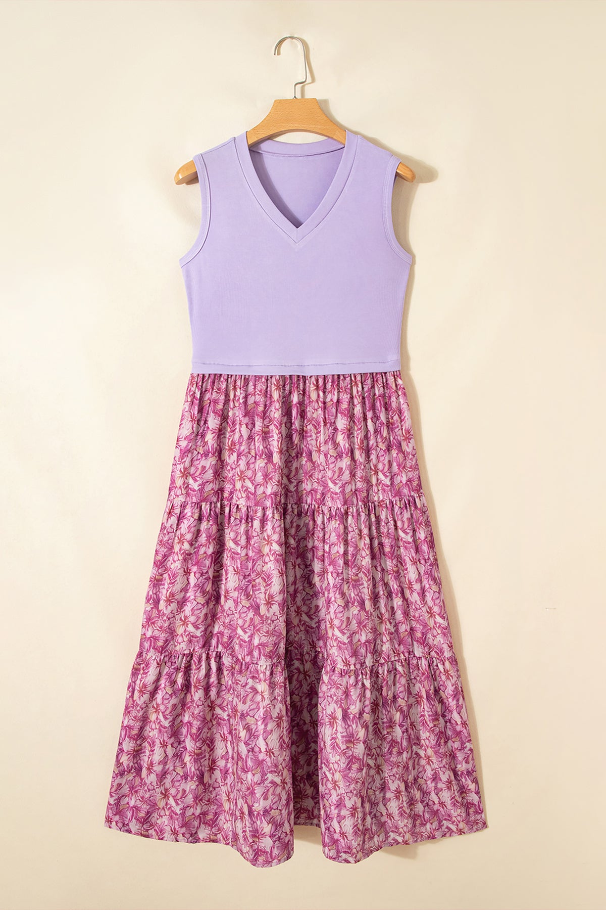 Purple Floral Contrast-Patchwork Maxi Dress