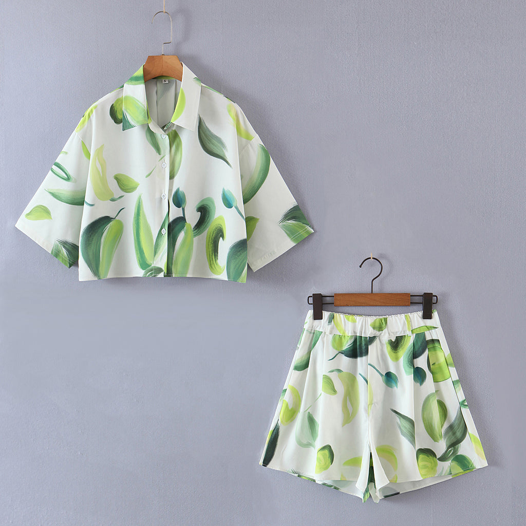 Women's Spring New Swing Collar Top and Shorts Two-Piece Set