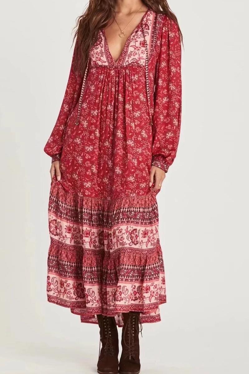 Women's Summer Women Holiday Rayon Positioning Printed Long-Sleeved Dress Long