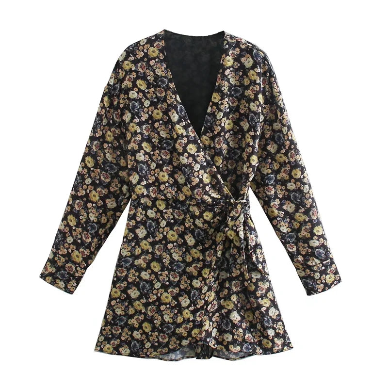 Women's Spring Women Clothing Criss Cross V-Neck Long Sleeve Printed Waist Belt Dress Women