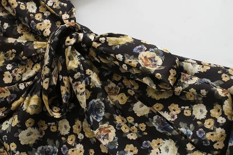 Women's Spring Women Clothing Criss Cross V-Neck Long Sleeve Printed Waist Belt Dress Women