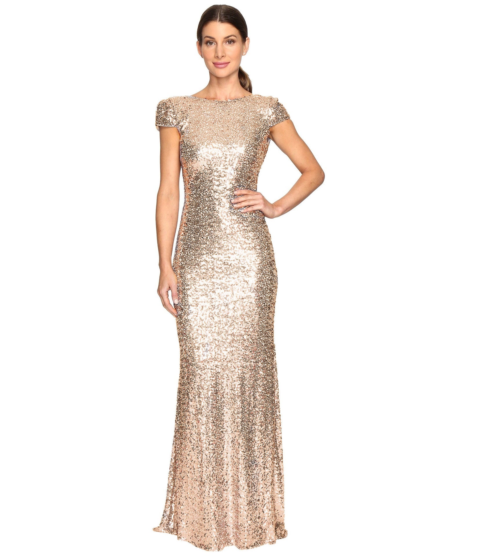 Women's Full Sequined Long Slim U-Shaped Backless Evening Dress Wedding Popular Golden Dress