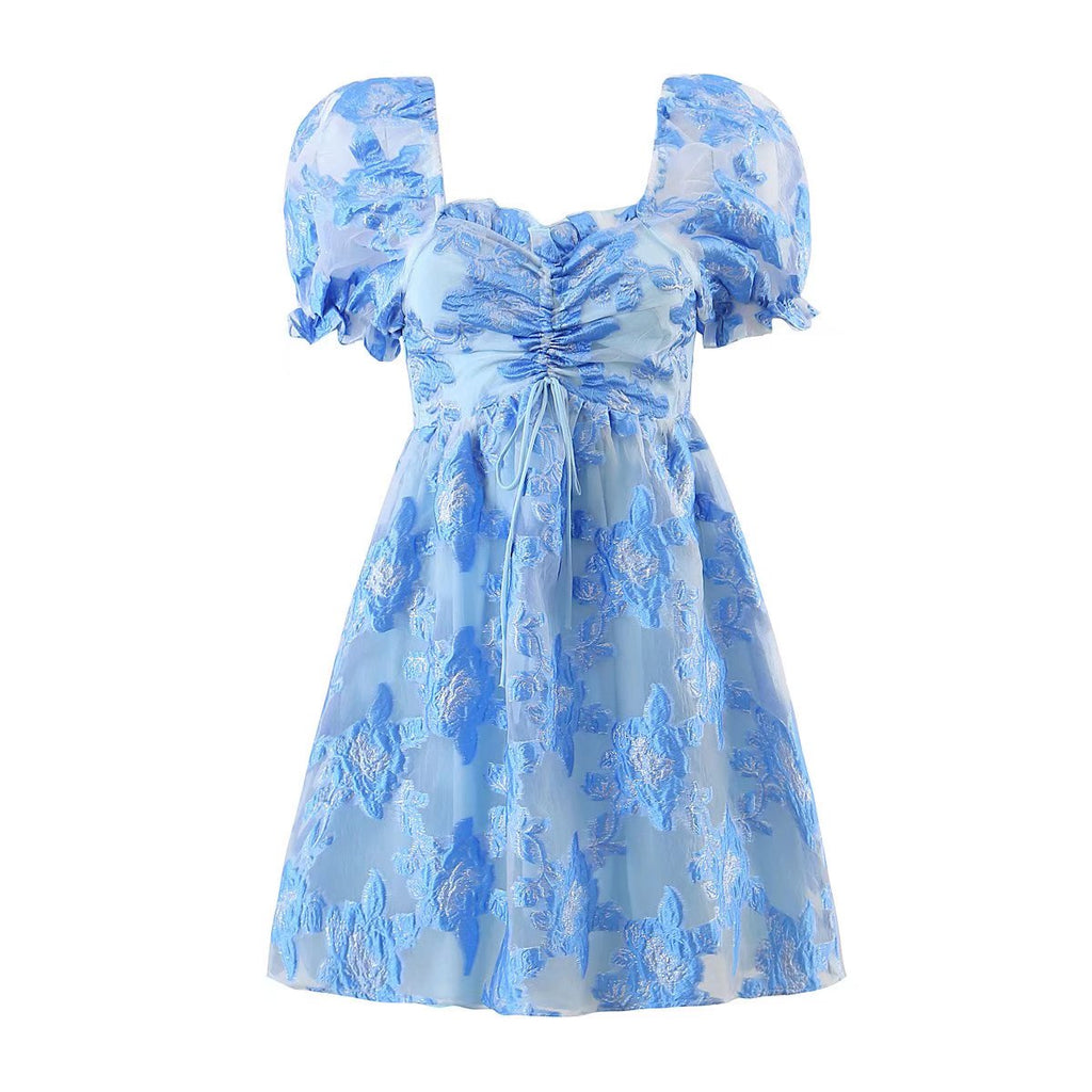 Blue Floral Embroidered Puff-Sleeve Dress