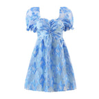 Blue Floral Embroidered Puff-Sleeve Dress