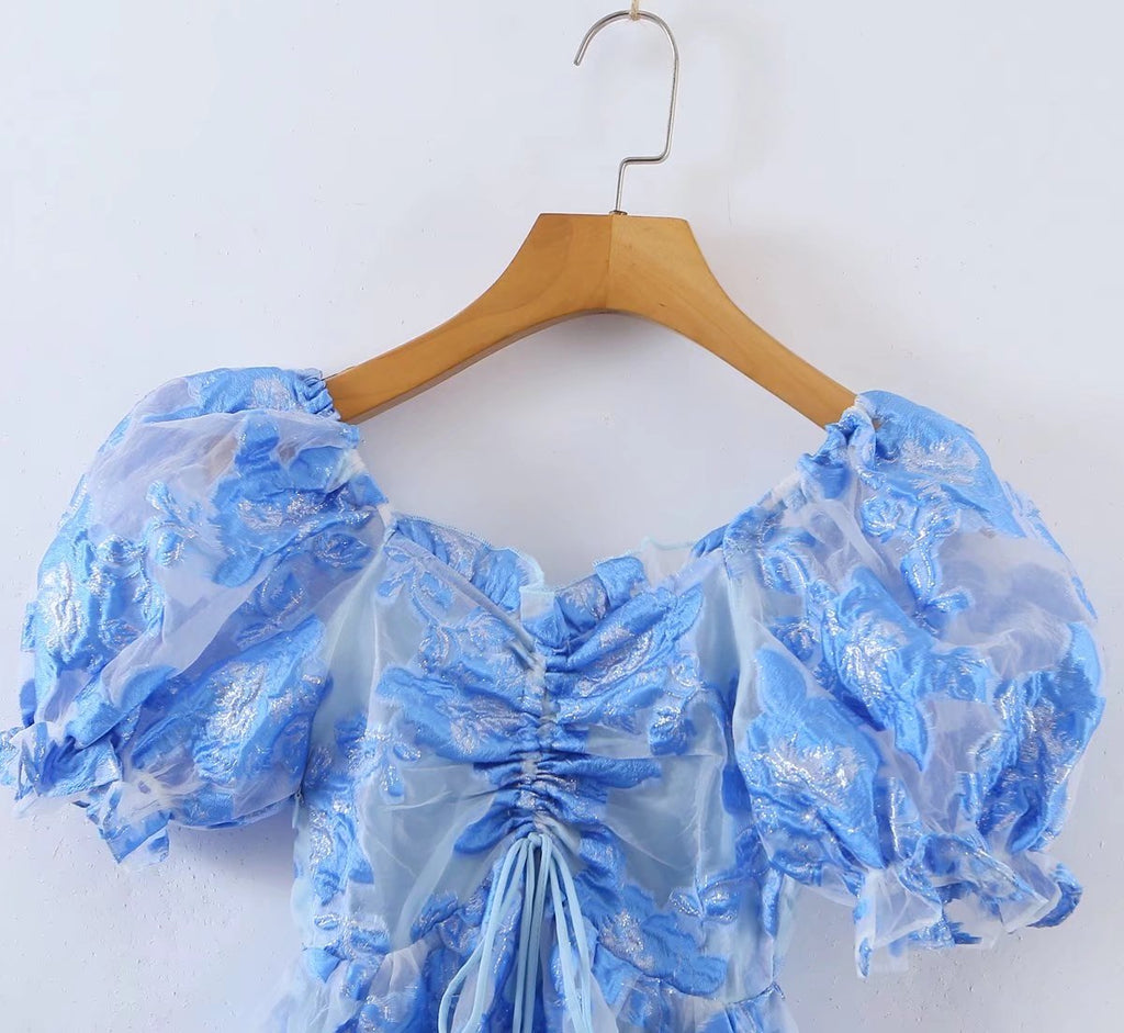 Blue Floral Embroidered Puff-Sleeve Dress